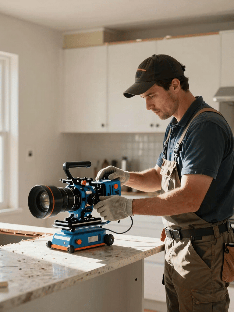 A professional contractor in work gear inspecting a gutted kitchen space in a North American / US (Los Angeles) home, natural morning light, steel blue and construction orange accents on the equipment.