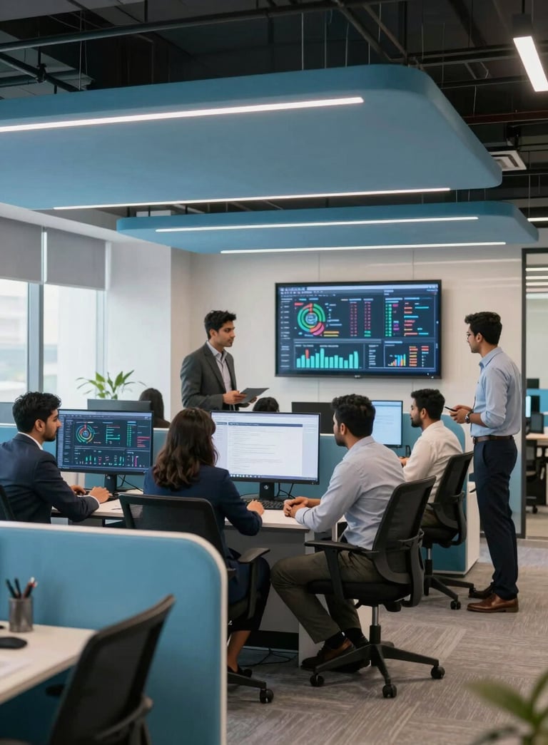 A sophisticated wide-angle photograph of a modern Lahore tech office interior. South Asian professionals in smart-casual attire are collaborating around a large monitor displaying digital marketing analytics, with sky blue accents in the furniture.