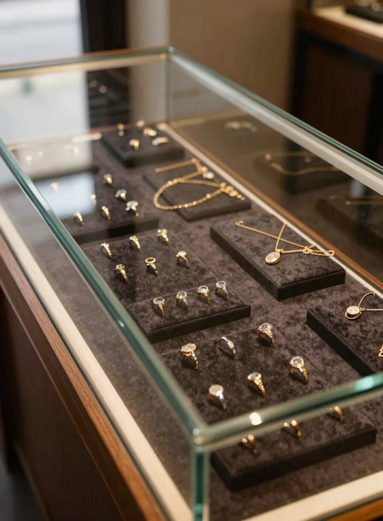 Close wide shot of a jewelry store glass showcase interior, rings and necklaces arranged on dark velvet under warm display lighting, warm wood frame visible at left edge, shot from slightly above at an oblique angle, natural north-facing daylight entering from off-frame left, deep shadows between pieces
