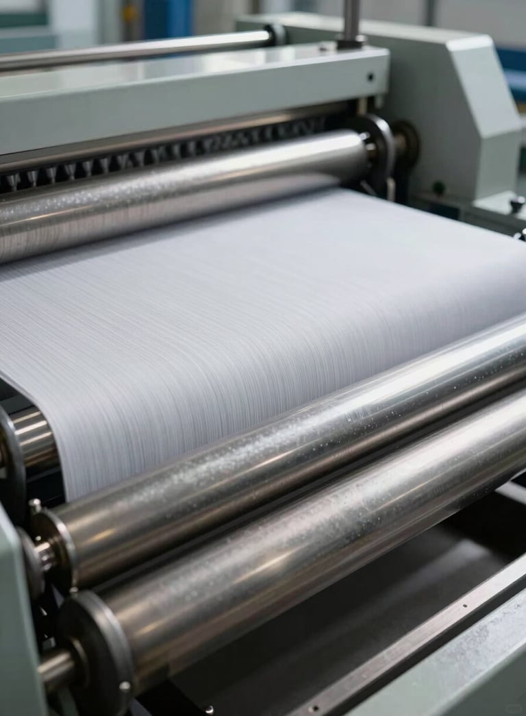 Professional close-up photography of a textile calendering machine in a modern South Asian industrial setting, gleaming steel rollers, soft white lighting, slate gray shadows.