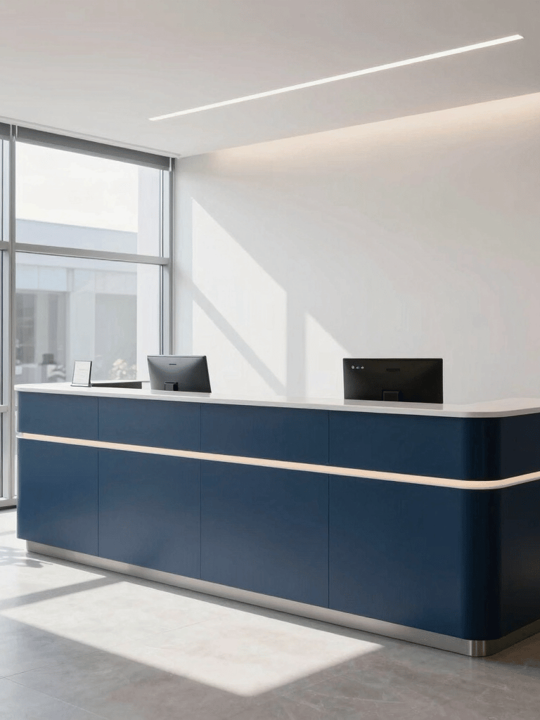 A bright, professional office reception in Slovakia with clean lines, navy blue furniture accents, and natural light streaming through large windows, reflecting established professionalism.