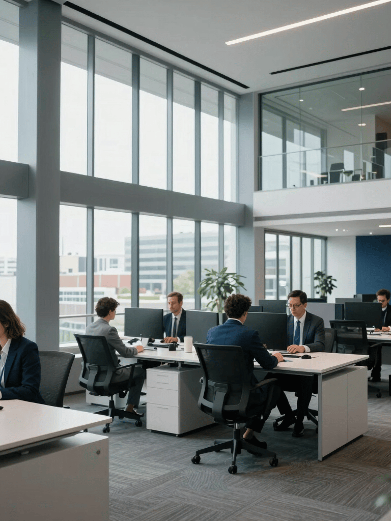 A clean, wide-angle photograph of a modern North American office interior with glass walls and professional specialists working at sleek desks. The lighting is bright and natural with a palette of slate blue and navy accents.