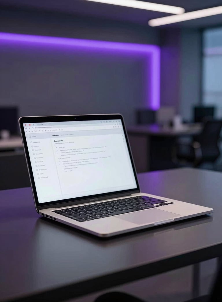 A sleek modern laptop sitting on a polished dark desk in a high-end corporate office, North American / International, showing a clean interface, dramatic soft purple and slate blue accent lighting.