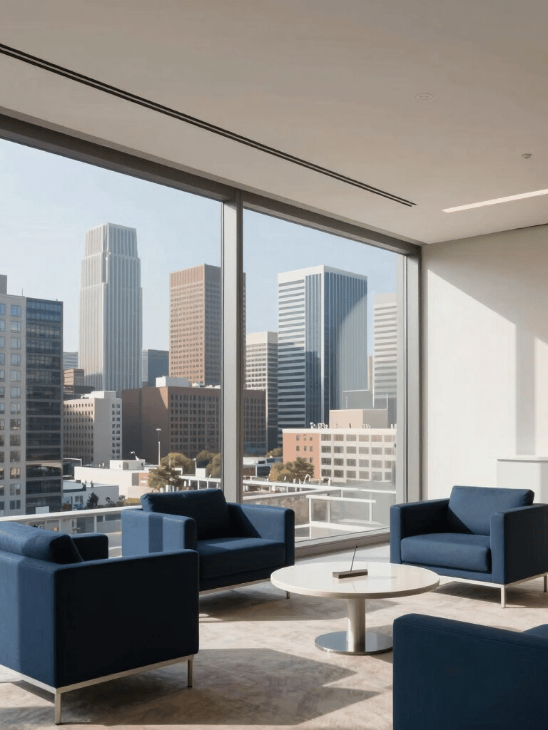 A wide-angle professional photograph of a sunlit North American corporate office suite overlooking a city skyline. The interior is modern and minimalist with furniture in deep blue and off-white tones, reflecting an atmosphere of efficiency and professionalism.