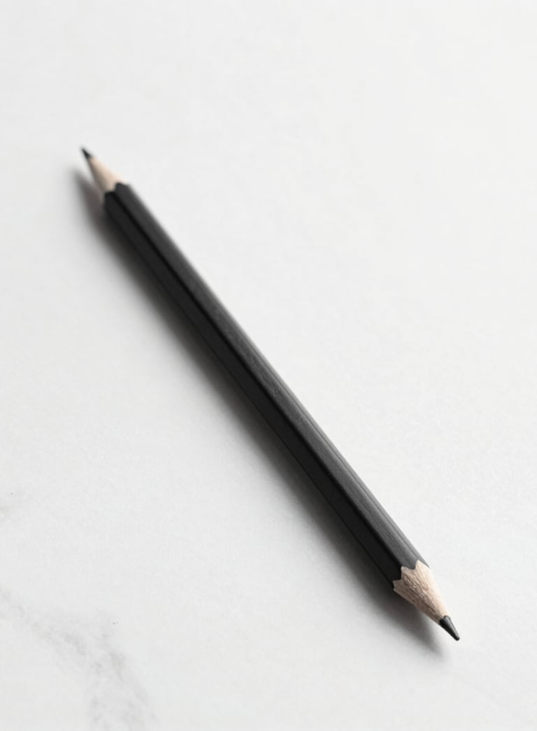 A minimalist studio shot of a single, perfectly sharpened black graphite pencil resting on a sleek white marble surface. Sharp, dramatic shadows extend from the pencil, creating a high-end, artistic feel. Monochromatic palette of #0A0A0A and #F7F7F7.