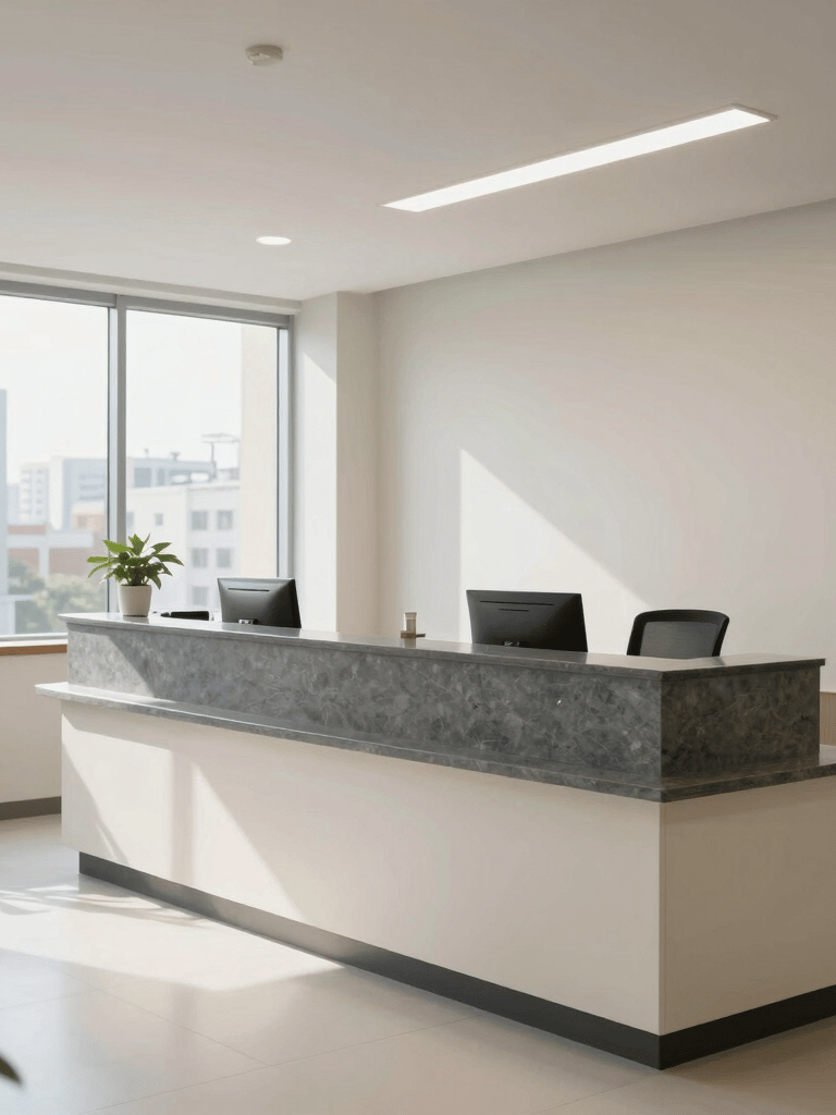 A bright, clean medical office lobby in a South Asian city, featuring a reception desk with slate gray and off-white accents and large windows.