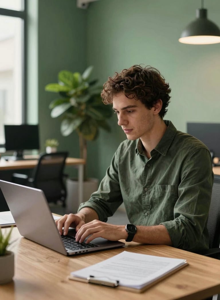 A professional software engineer in a modern North American / US office space using a sleek laptop, warm natural lighting, with deep forest green and soft sage green accents in the background decor, professional and innovative atmosphere.