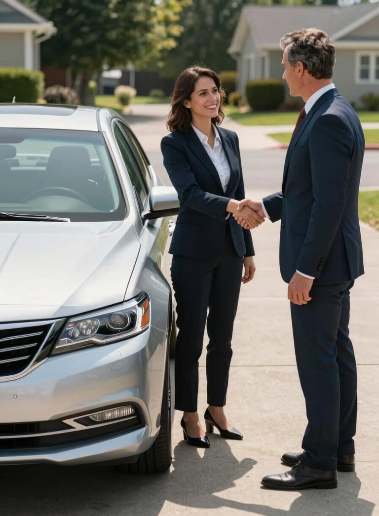A bright, high-resolution photo of a North American driveway where a buyer and seller are shaking hands next to a clean silver sedan, professional lighting, daylight, symbolizing a successful transaction.
