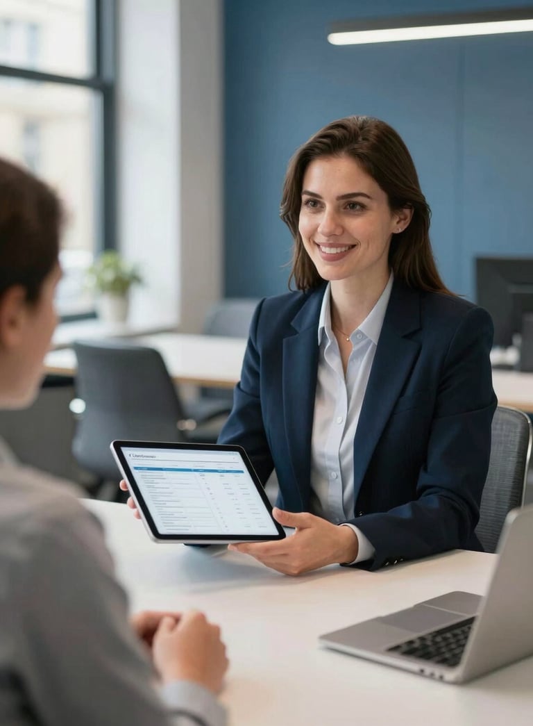 A professional financial advisor in a bright London office showing a tablet with clean data to a client, modern interior with slate blue accents, professional and trustworthy atmosphere, Northern European / British.