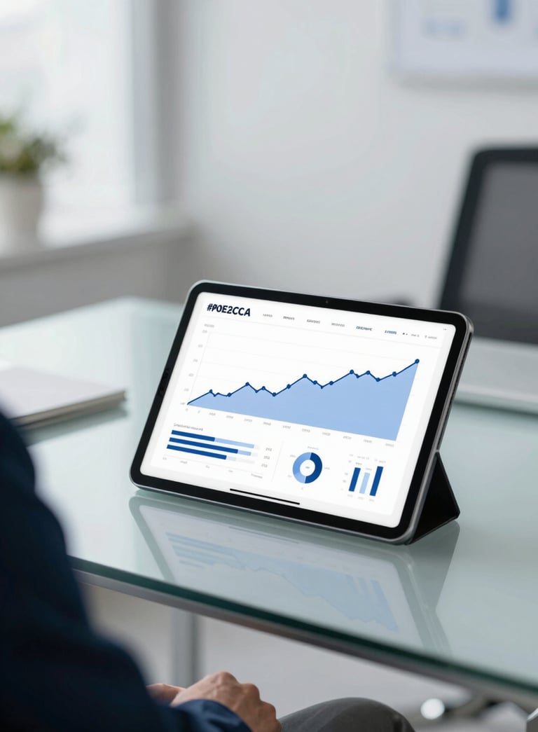 A high-end, professional office environment with a sleek glass desk and a tablet displaying financial growth charts. The scene is illuminated with clean, soft lighting and incorporates tones of #0E2C4A and #B4CED9 to project trust and modern expertise.