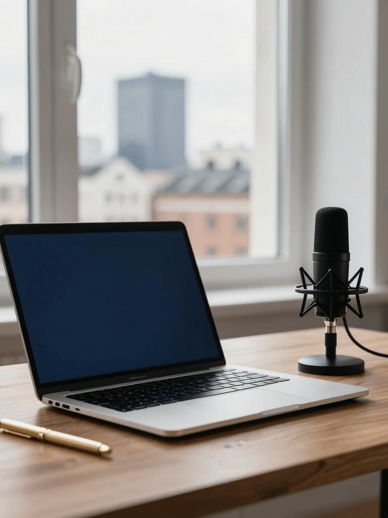 A refined home office space in Northern Europe with a view of a clean city skyline. A thin laptop sits on a wooden desk with a gold pen and a professional microphone. The mood is sophisticated and quiet, utilizing deep navy and off-white tones.