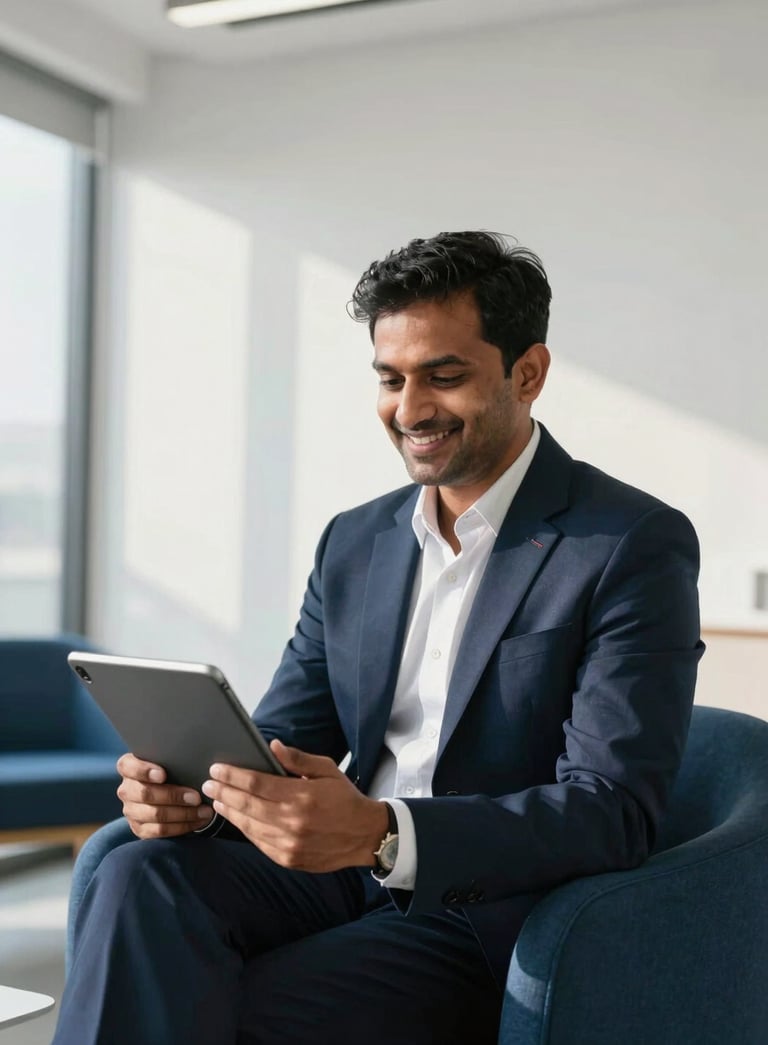 A professional South Asian / Indian financial advisor in a modern, sunlit office with cloud white walls and deep navy blue furniture, smiling confidently at a tablet.