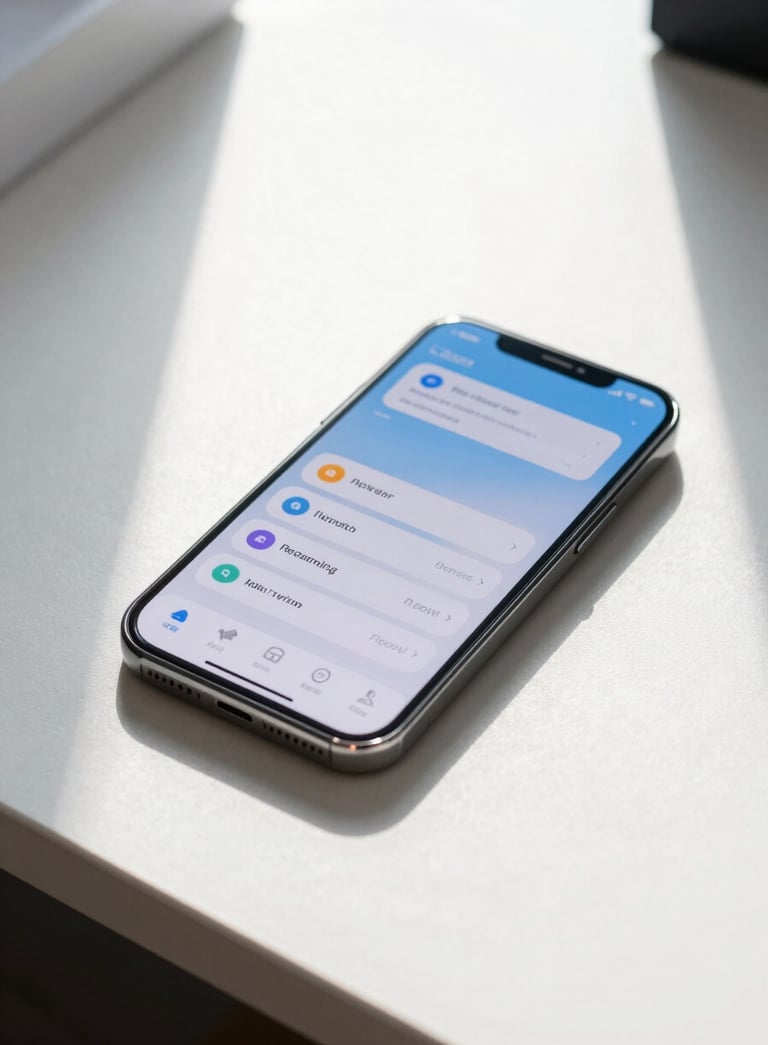 A sleek smartphone resting on a minimalist desk in a bright Global / Tech Industry studio, the screen displaying a clean and innovative interface, with natural lighting reflecting Ice White and Sky Blue tones.