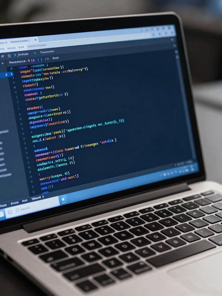 Close up of a high-end corporate laptop showing a software development interface with clean code, navy blue and medium blue lighting, professional tech environment in Latin America.