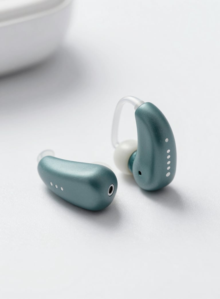 A pair of sophisticated, modern hearing aids resting on a clean, off-white surface. The lighting is soft and clinical, conveying a sense of high-tech precision and comfort. The color palette features subtle #3D6C7E and #A7C9D6 tones in the composition.