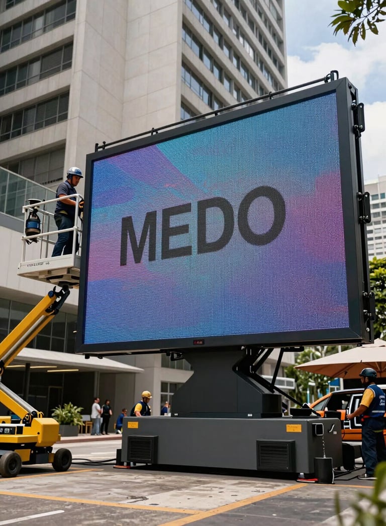 A wide shot of a high-resolution outdoor LED screen being serviced by technicians on a lift, modern urban Brazilian architecture in the background, bright daylight, professional industrial style.