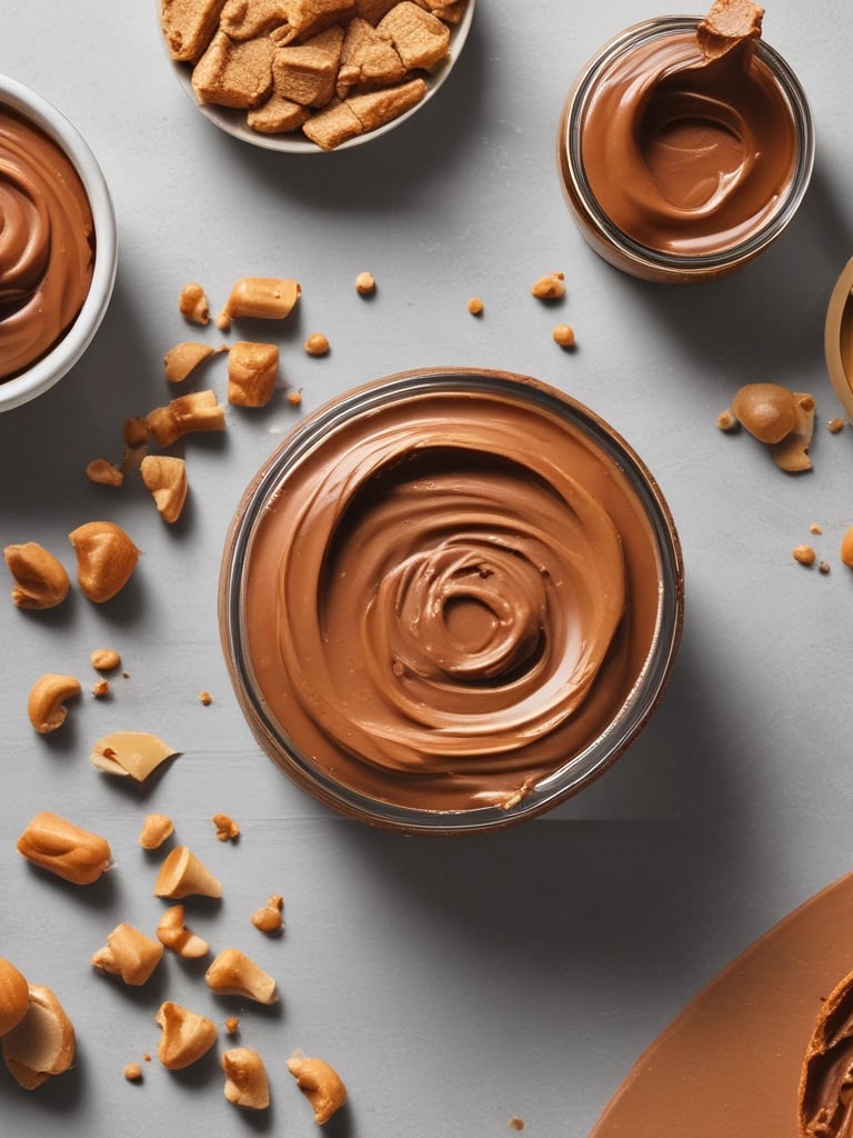 Crunchy chocolate peanut butter jar with visible peanut chunks on a rustic wooden table