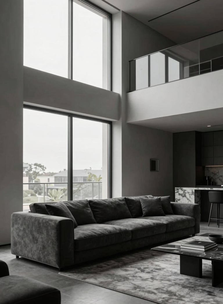 A minimalist living room with high ceilings, a charcoal gray sofa, and marble accents. Soft natural light through floor-to-ceiling windows. Professional, North American interior design style, neutral palette with blacks and silvers.