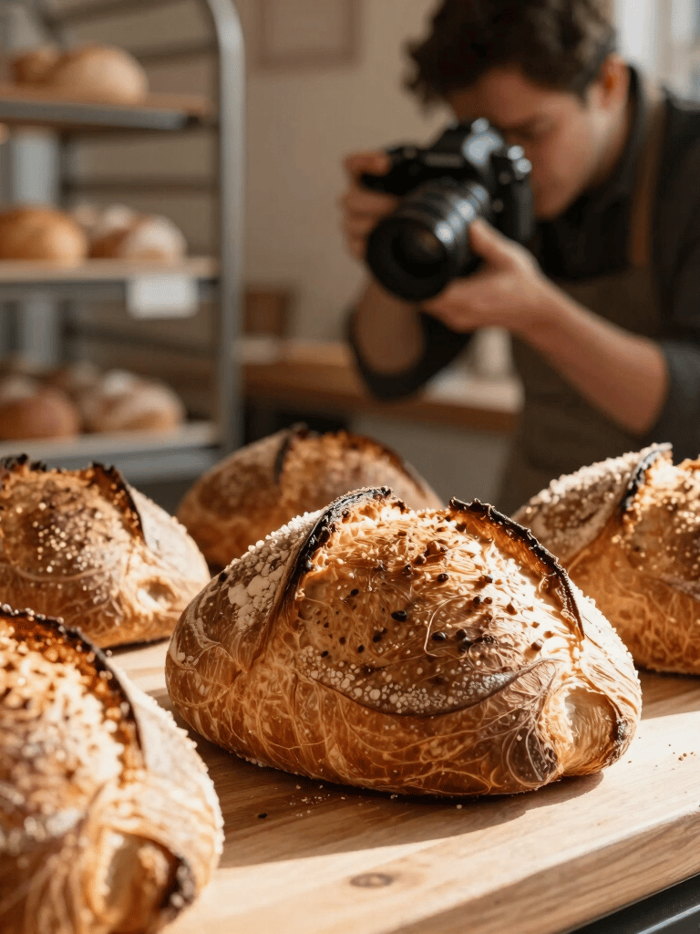 A professional photographer in a cozy North American bakery, capturing a close-up of fresh sourdough bread under warm, morning sunlight.