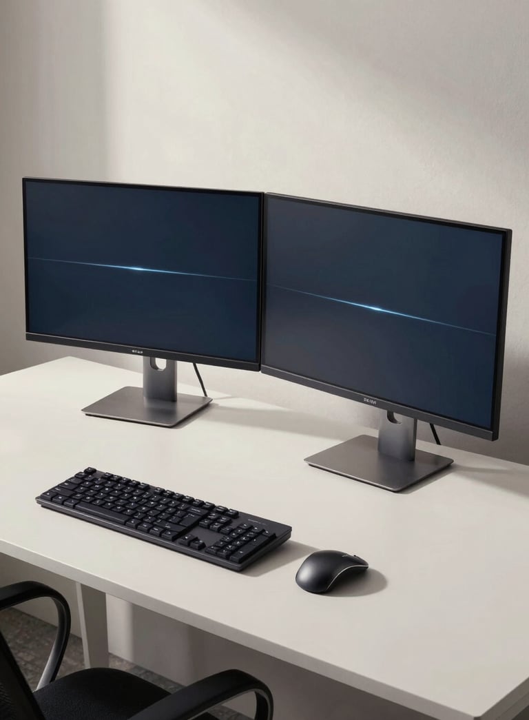 A sleek, modern North American / US office workspace featuring a high-end desktop setup with dual monitors and minimalist decor, bathed in soft off-white and dark blue-gray tones.
