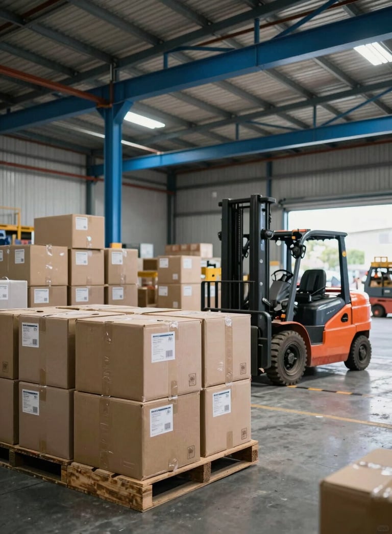 A professional-looking warehouse interior with high ceilings and steel blue accents, featuring neatly organized cargo boxes and a forklift in the background, South American / Brazilian setting.