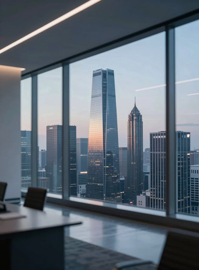 A sophisticated corporate interior of a modern law firm overlooking a global city skyline at twilight, featuring clean lines, glass walls, and a palette of #0C1E3C and #C0C8D1, reflecting international professionalism.