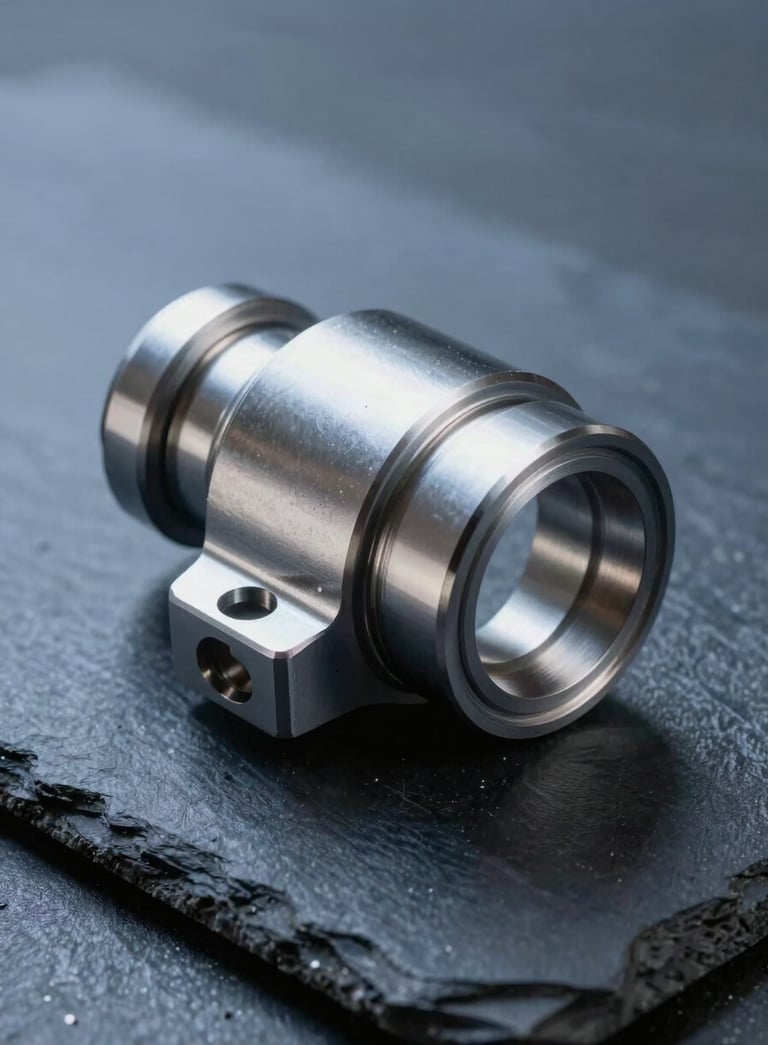 A sleek, highly polished metallic spare part resting on a dark slate blue industrial surface, softly lit to highlight its flawless, precision-engineered edges, representing robust reliability.