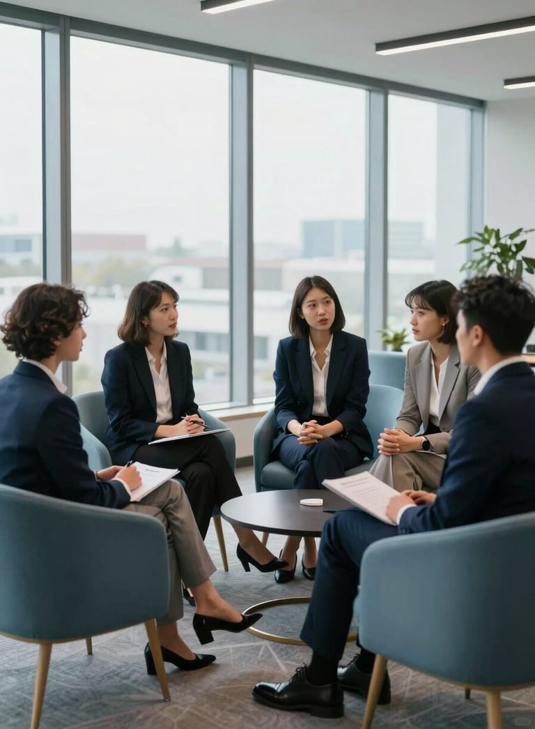 A sophisticated North American office lounge with large windows. A group of young professionals are engaged in a strategic discussion, sitting on designer furniture. The composition is clean and open, utilizing a palette of dark navy and light blue to convey growth and confidence.