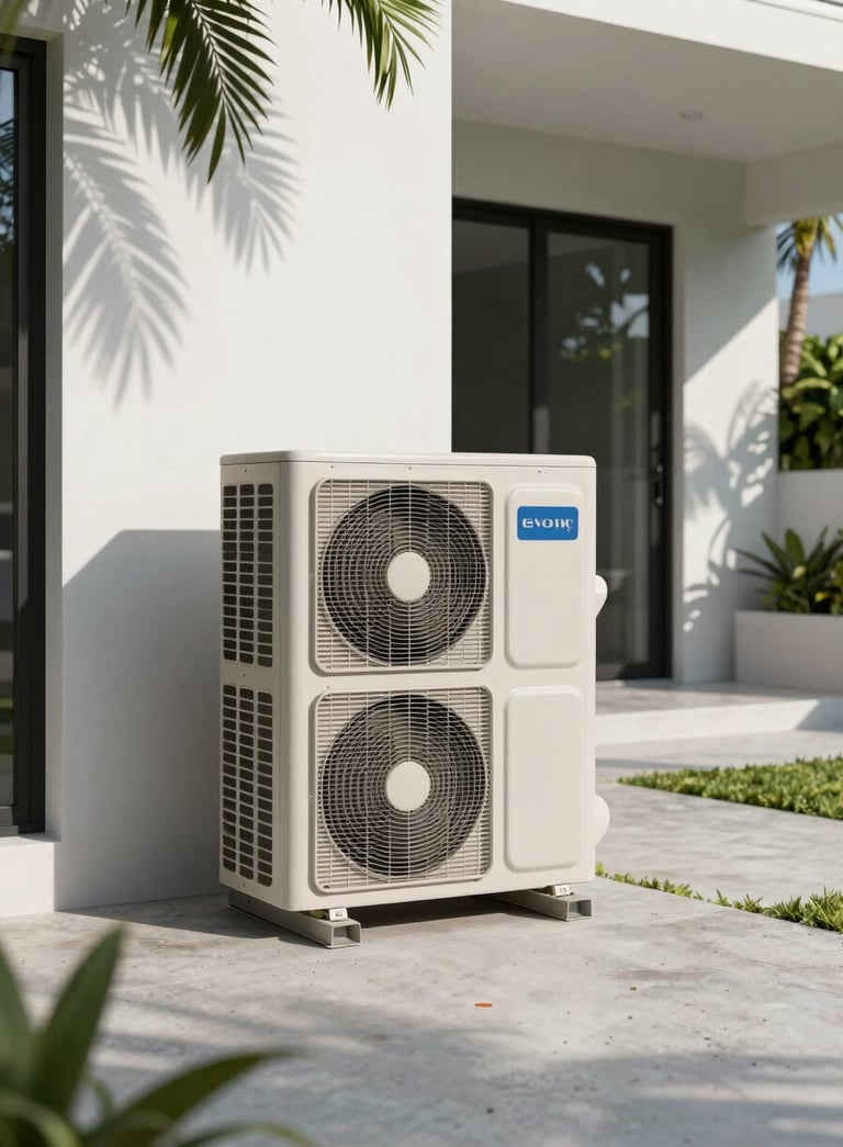 A high-end residential outdoor air conditioning unit installed on a neat concrete pad next to a modern Miami villa with palm tree shadows in North American / US - Miami, Florida.