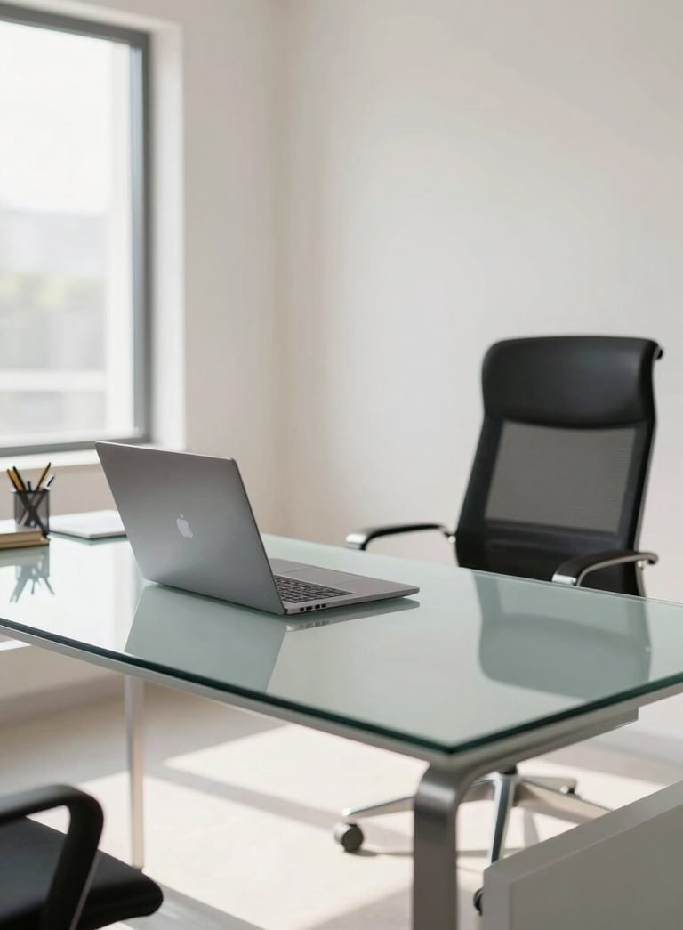 A high-end, bright office interior in Ahmedabad, featuring a sleek glass desk with a high-performance laptop and professional South Asian workspace aesthetics. Daylight fills the room, casting soft off white light.