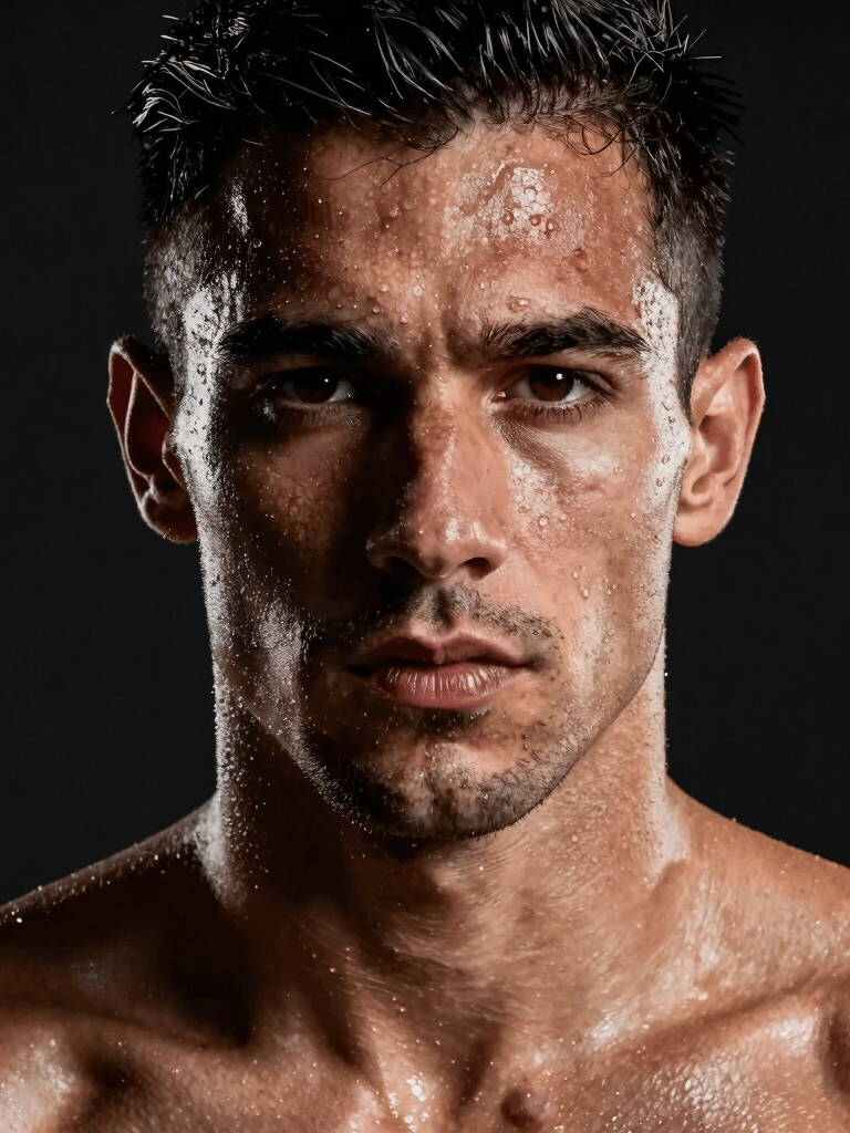 A close-up of a focused athlete's face with beads of sweat, dramatic Carbon Black background, sharp lighting highlighting muscle definition, sophisticated and energetic mood, Global / Spanish-speaking.