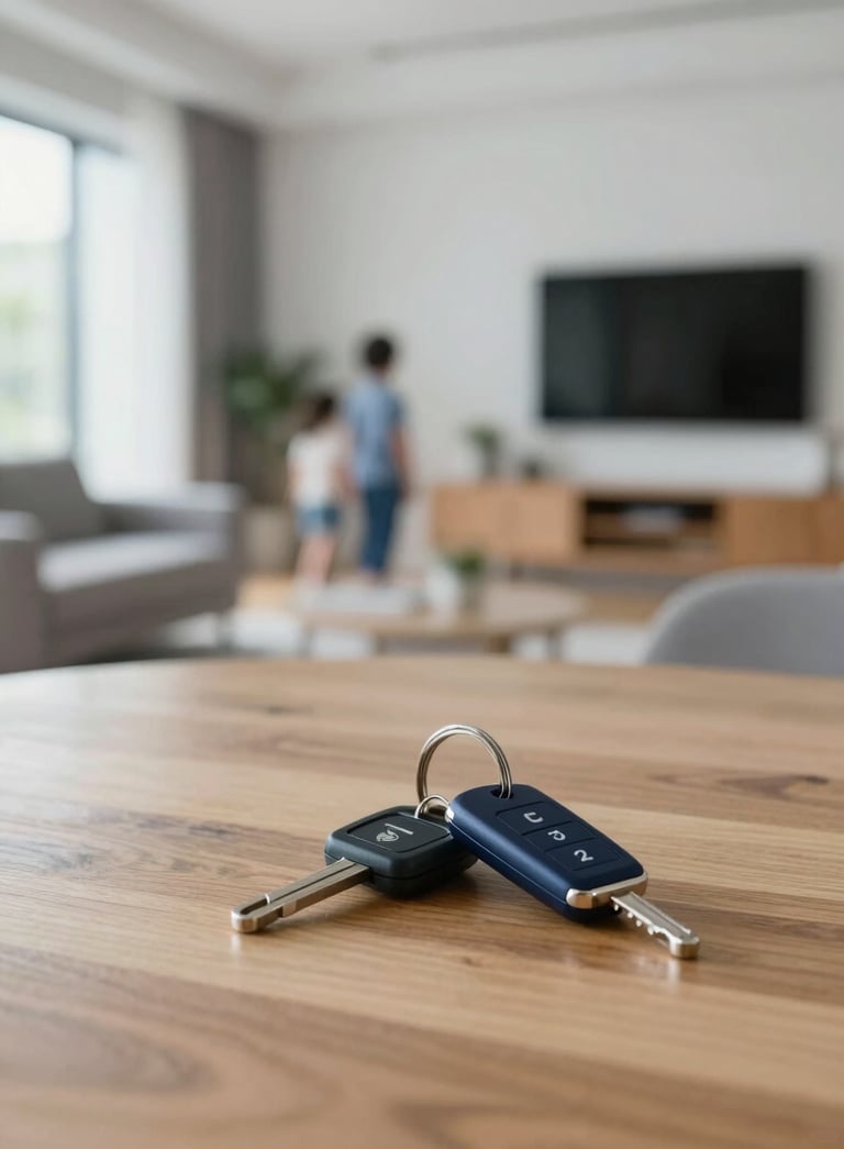 A minimalist, high-quality photograph of a modern family home's interior with a set of car keys on a wooden table. Trustworthy and secure atmosphere, soft focus background, featuring a professional and friendly aesthetic with corporate blue highlights (#1E3A8A).