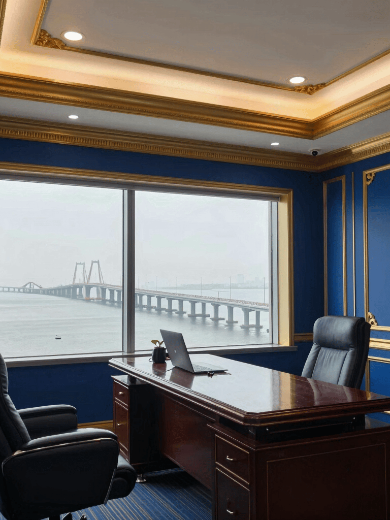 A wide-angle shot of a sophisticated executive office in Mumbai, featuring a view of the Bandra-Worli Sea Link through the window. The interior is decorated with royal blue and gold accents, projecting a formal and luxurious atmosphere.