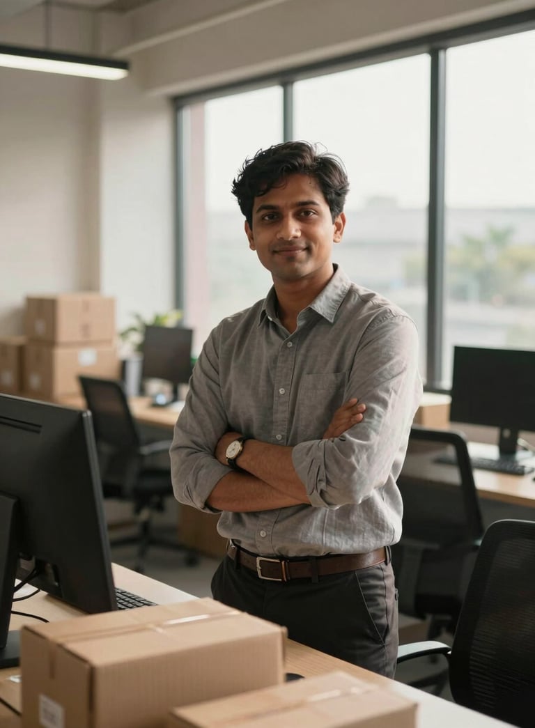 A medium shot of a modern logistics office in a South Asian setting, with warm natural light through large windows, showcasing a professional and approachable atmosphere.