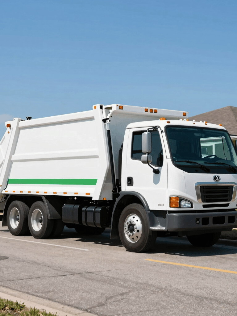 A clean, white junk removal truck with green accents parked on a residential street in a North American suburb. The sky is bright blue and the truck looks modern and well-maintained. Wide shot, crisp focus.