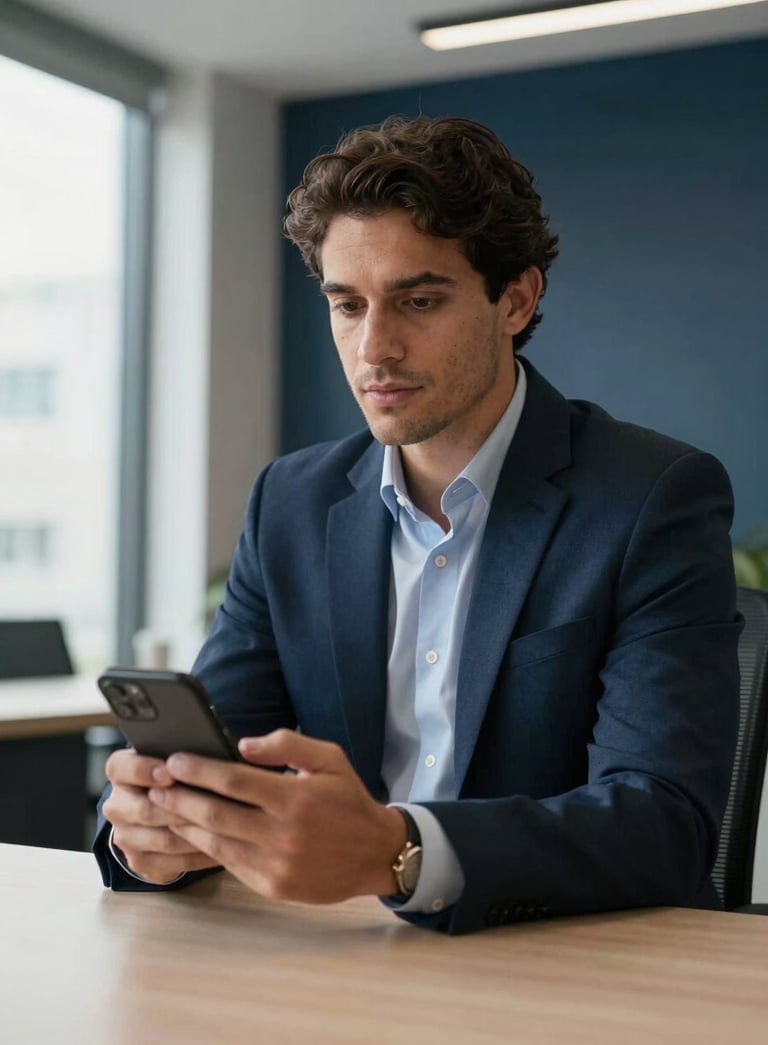 A professional South American / Brazilian business person in a modern light off-white office setting, holding a mobile device and looking confident, soft natural lighting with dark navy blue accents in the background, high-end photography.
