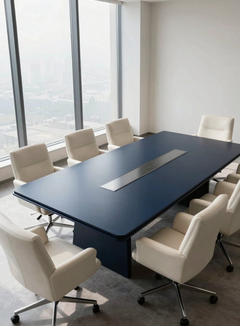 A high-angle, wide photograph of a sleek, minimalist executive boardroom in Lahore. The room features a polished dark navy blue table and soft off-white leather chairs, with natural light pouring through floor-to-ceiling windows.