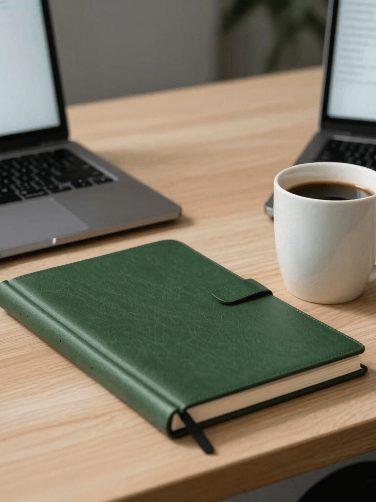 Photography of a modern office desk in a North American studio with a matte forest green notebook, a laptop displaying social media analytics, and a cup of coffee in a crisp parchment mug.