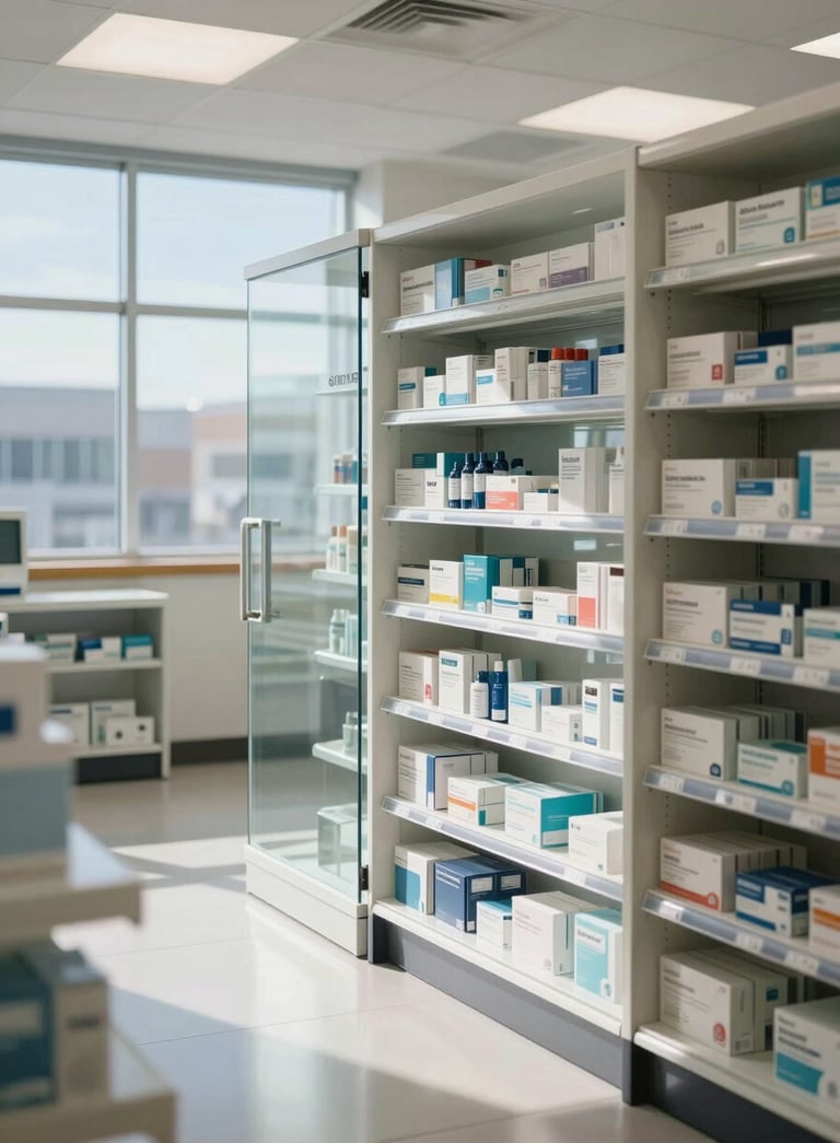 A bright, professional North American pharmacy setting with clean glass partitions and organized shelving, natural sunlight streaming in, incorporating midnight navy and soft sky blue tones.