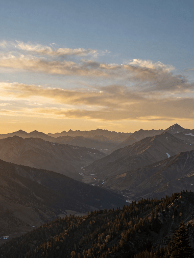 A breathtaking North American mountain landscape at sunrise, with a warm gold and steel blue sky reflecting a sense of hope and new beginnings.