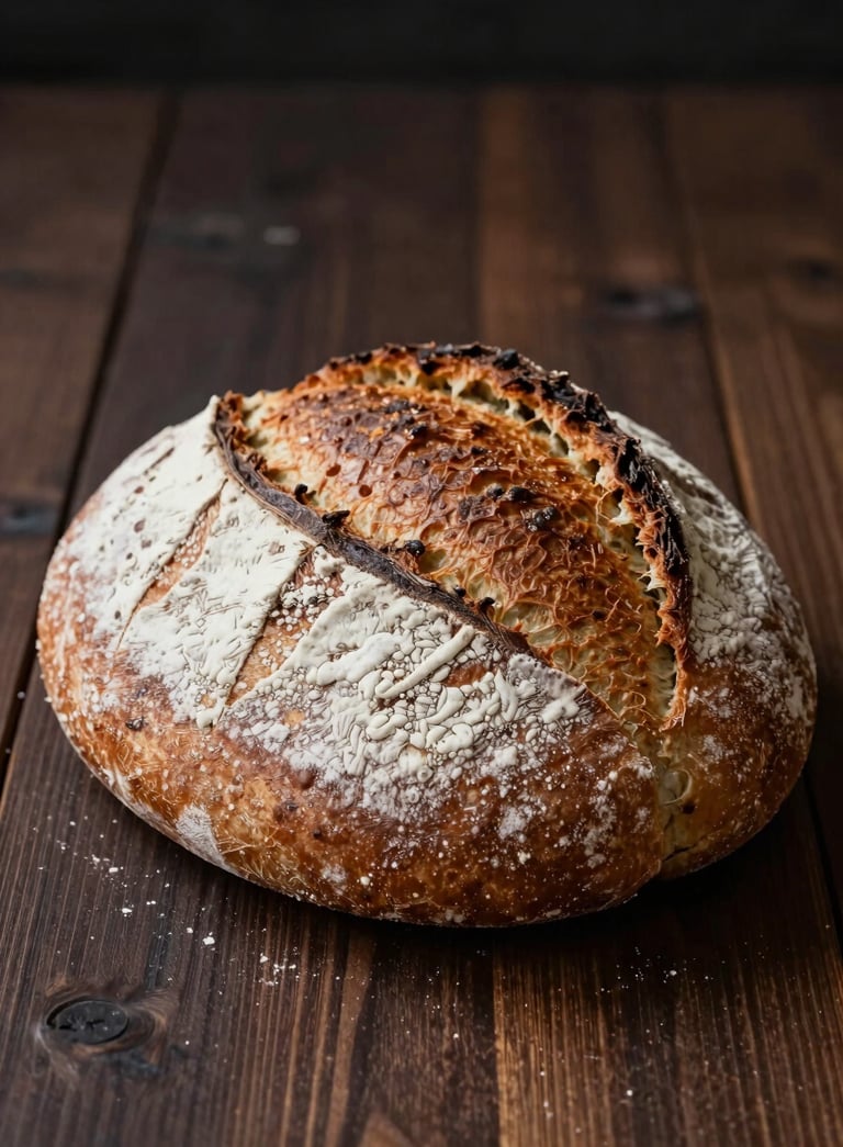 Close-up of a rustic loaf of bread with a scored crust, dusted with off-white flour, sitting on a dark chocolate brown wooden table, warm and inviting atmosphere.