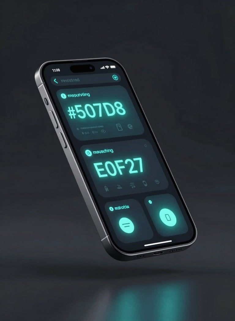 Modern smartphone mockup floating in a dark studio atmosphere, screen displaying a sophisticated dashboard with glowing #507D8C and #E0F2F7 elements, futuristic lighting.