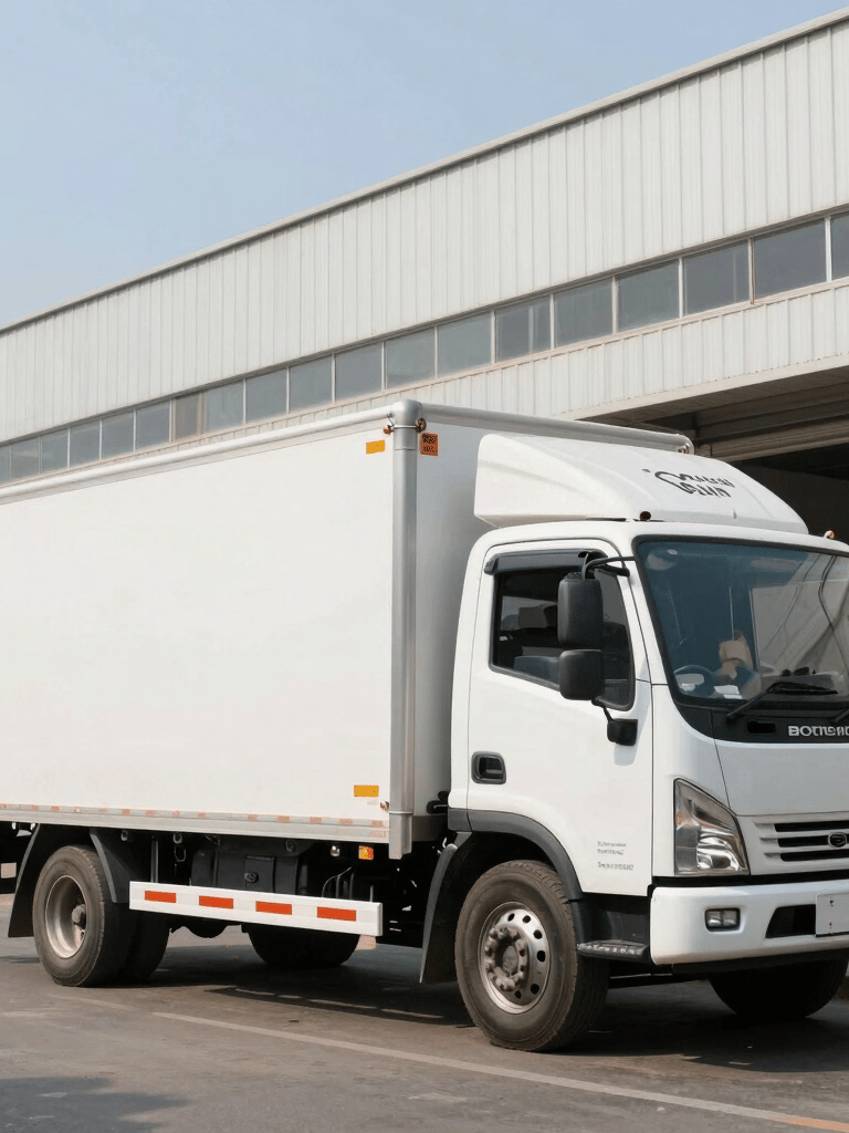 A professional South Asian logistics scene featuring a modern white transport truck parked near a clean industrial building in Delhi under clear daylight.