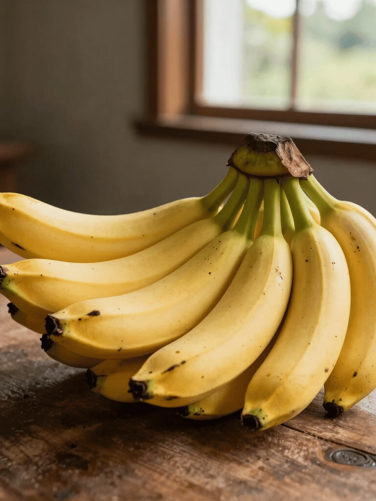 High-quality photography of a large bunch of ripe yellow bananas on a rustic wooden table, soft natural morning light coming through a window in a South American home.