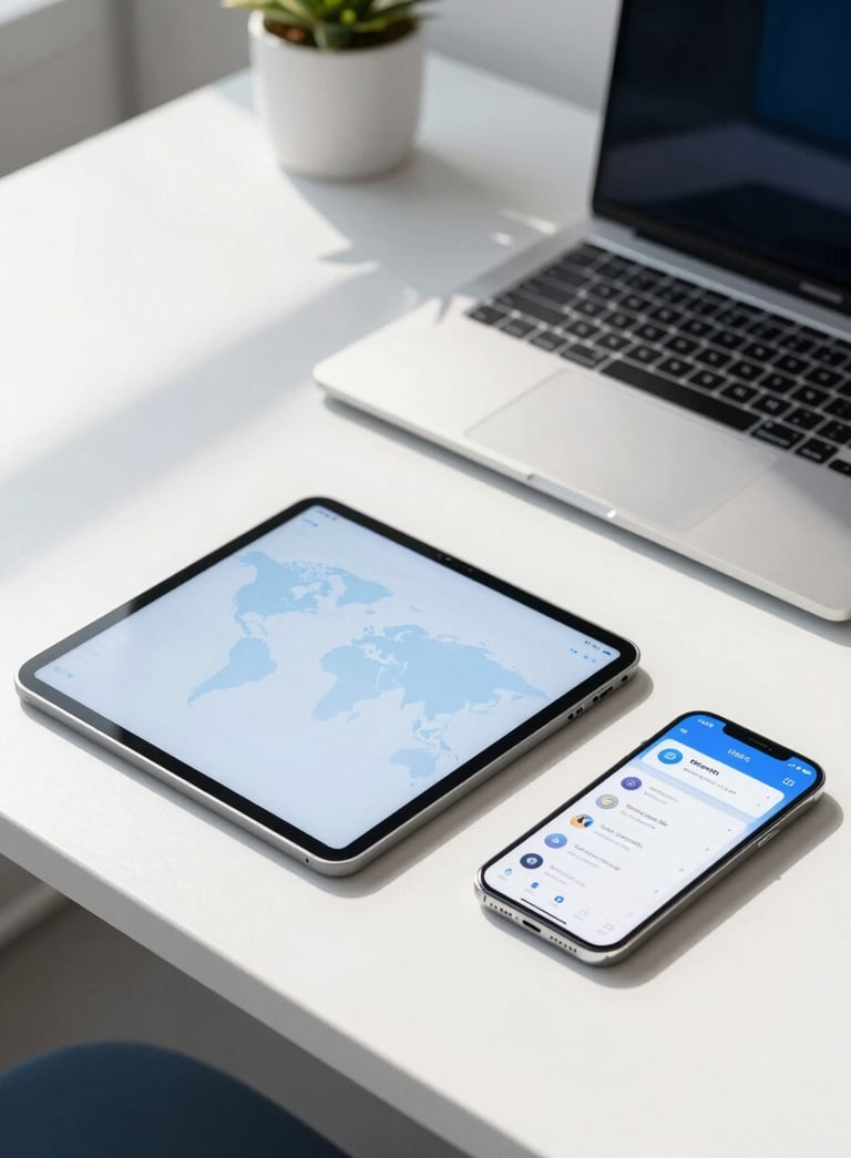 Professional photography of a sleek, modern workstation in a bright office. A tablet and a smartphone showing a clean app interface are on the desk. Global / International setting with soft sunlight. Colors emphasize white, light blue, and dark blue accents.