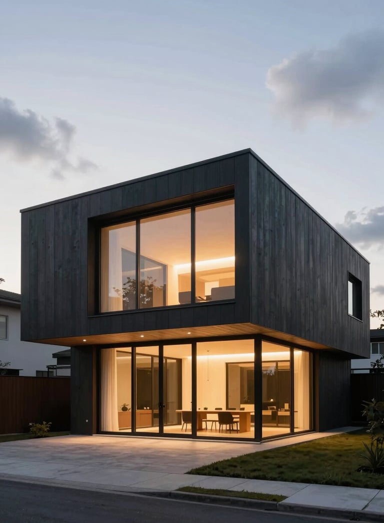 A sophisticated architectural photograph of a minimalist modern house at dusk. The exterior features Deep Charcoal cladding and large glass windows. Warm light glows from inside, set against a Pale Cloud White evening sky.