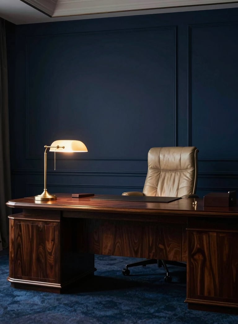 A sophisticated, wide-angle shot of a high-end legal office interior. The scene features a polished dark wood desk and a leather armchair. Lighting is moody and dramatic with warm glows from a desk lamp in burnished gold. The color palette is dominated by deep navy blue shadows and champagne gold highlights.
