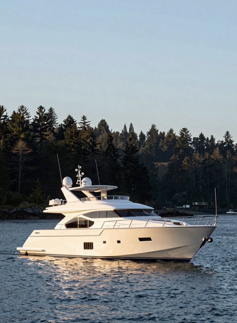 A luxury motor yacht anchored near Friday Harbor, Washington, with the lush coastline in the background, North American setting, morning golden hour light, crisp and sophisticated.