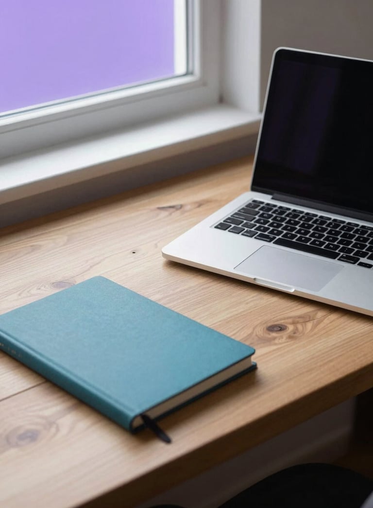 A high-quality, minimalist hero image of a clean wooden workspace featuring a silver laptop and a teal notebook. Soft purple morning light streams in from a window. North American / International.