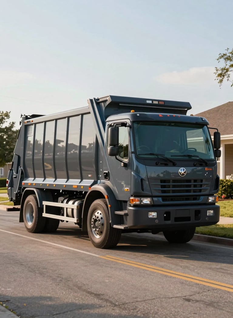 A professional junk removal truck in Oklahoma City, painted in Dark Charcoal and Muted Blue, parked on a clean suburban street. The morning light is bright and professional, highlighting the streamlined and efficient nature of the service.